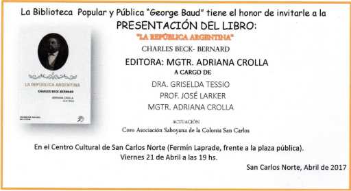 Presentarán un libro en San Carlos Norte